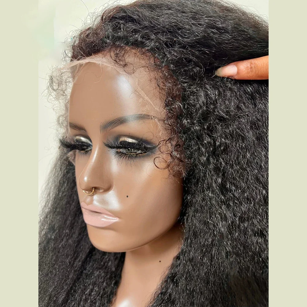 Yaki Kinky Straight Hair Lace Wig para Mulheres, Cabelo Afro Do Bebê, Linha Fina Natural, Longo, Macio, Preto, 28"