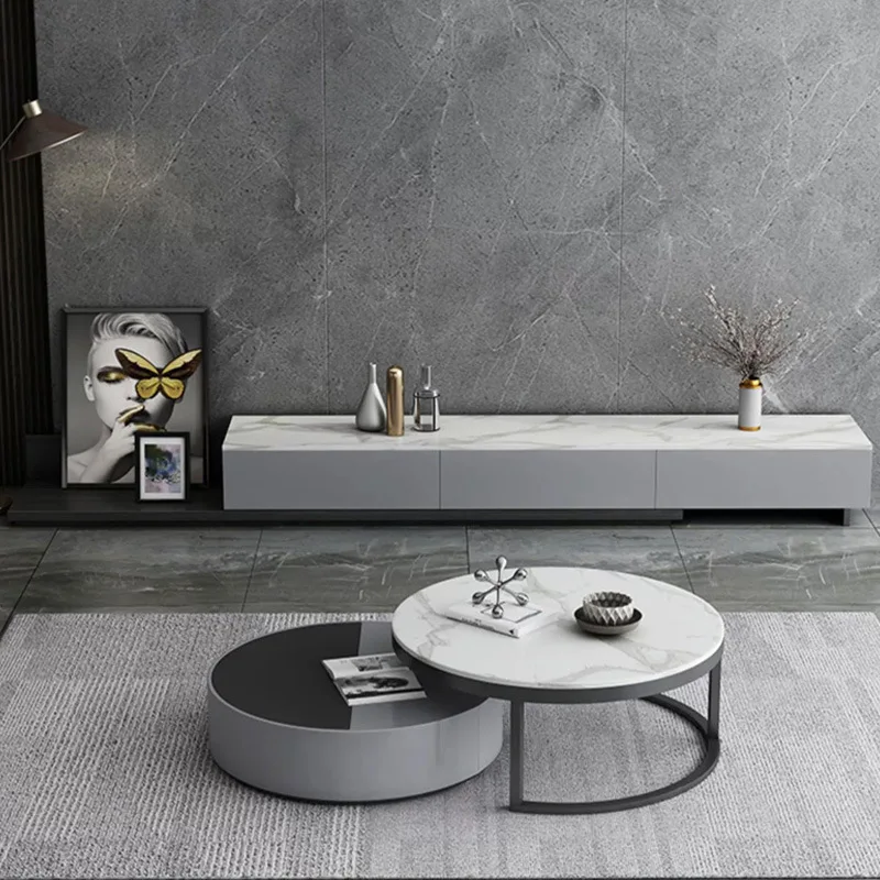 qw-Manufacturers Light Luxury Rock Panel Coffee Table TV Cabinet Combination Home European Living Room Round Coffee Table Table&
