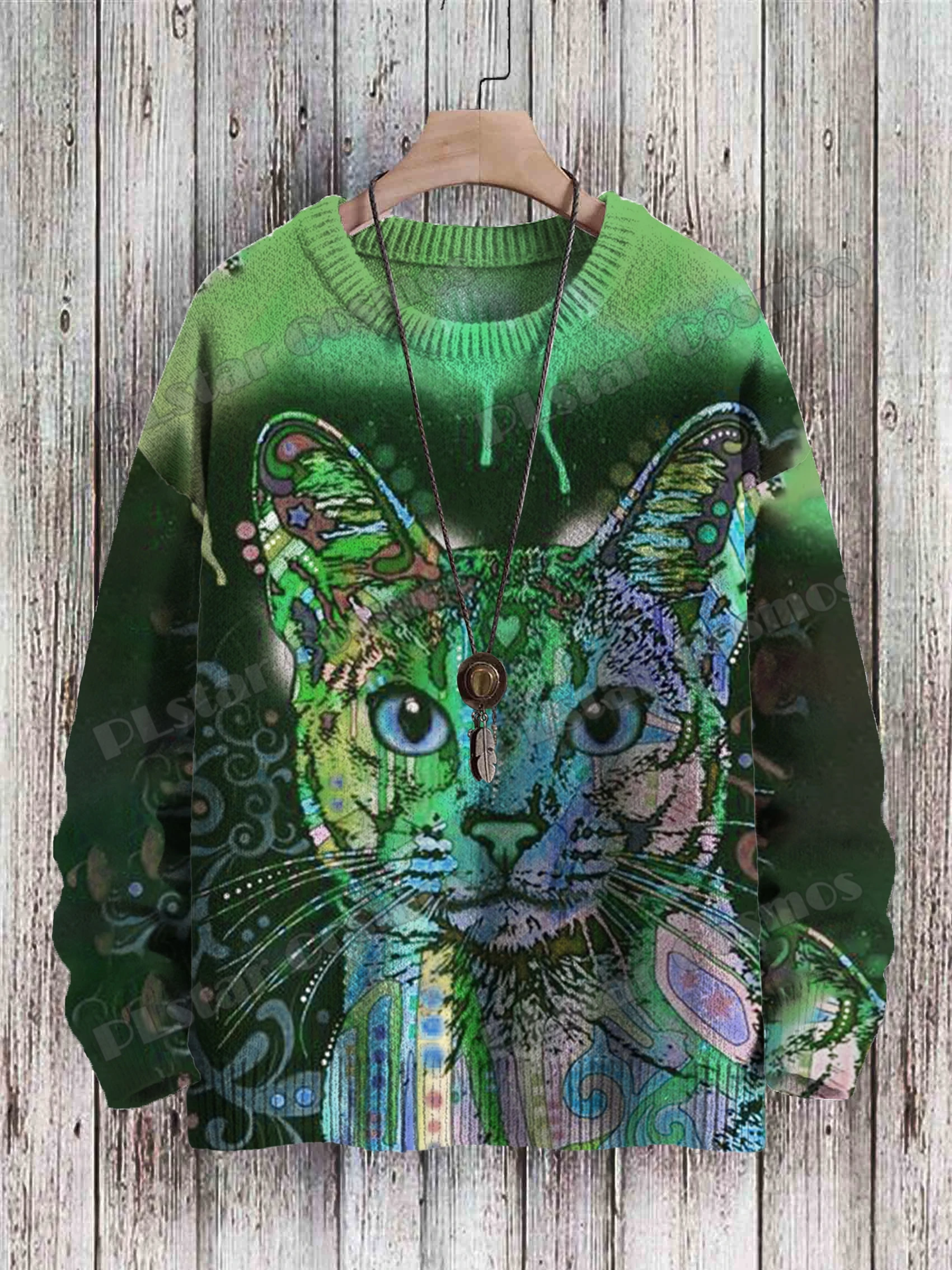 Retro Wolf & Retro Pumpkin And Cats Pattern 3D Printed Men's Knitted Pullover Winter Unisex Casual Knit Pullover Sweater ZZM60