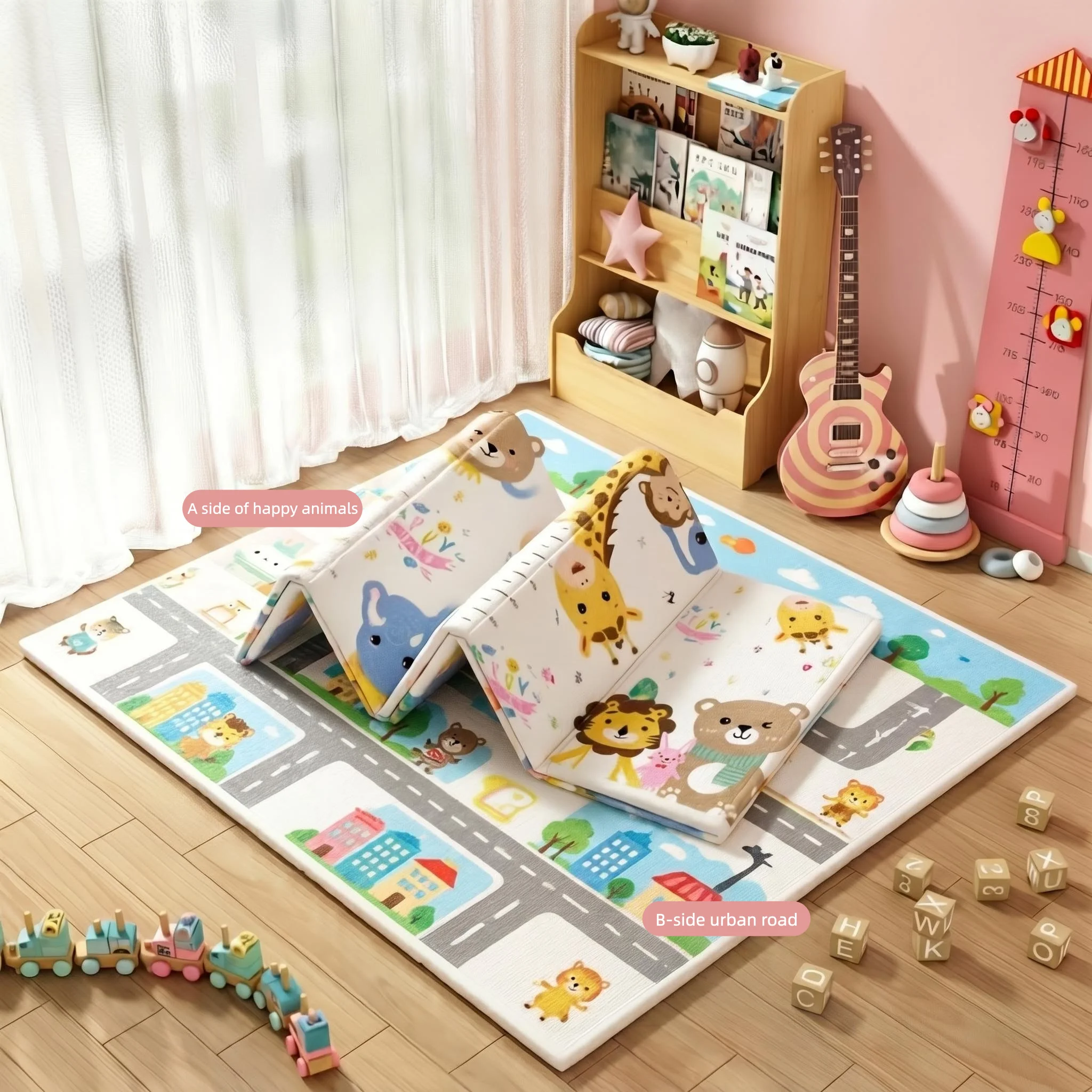 Foldable Baby Play Mat 180x150cm, Reversible Animal & Road Pattern, Non-Slip Crawling Mat for Toddlers, Portable Kids Floor Mat