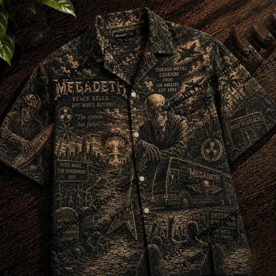 Heavy Metal Rock Megadeth Band 3D Print Hawaiian Shirt Men Women Fashion Single-breasted Short Sleeve Shirt Skull Blouse Camisas