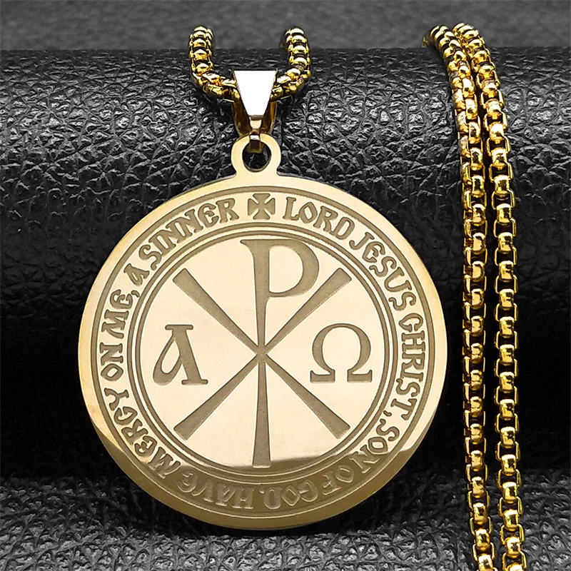 Christogram Chi Rho Lord Jesus Necklace for Women Men Stainless Steel Gold Color Constantine Cross Christ Chain Jewelry N9717S02