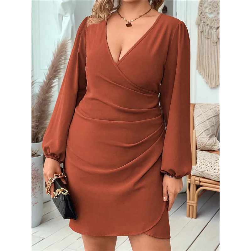 ABRT-grande taille femme portefeuille col en V moulante Mini robe bouffante manches longues froncé
