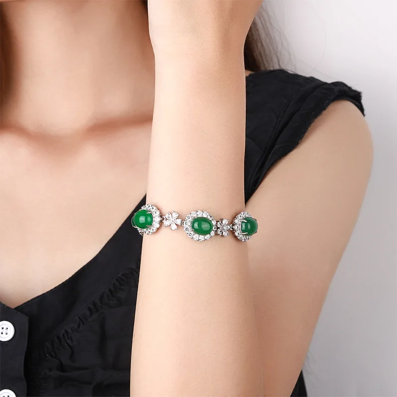 New Jewelry Green Chalcedony Fluorescent Bracelet Round Diamond Inlaid Jade Bracelet Women's Birthday Gift