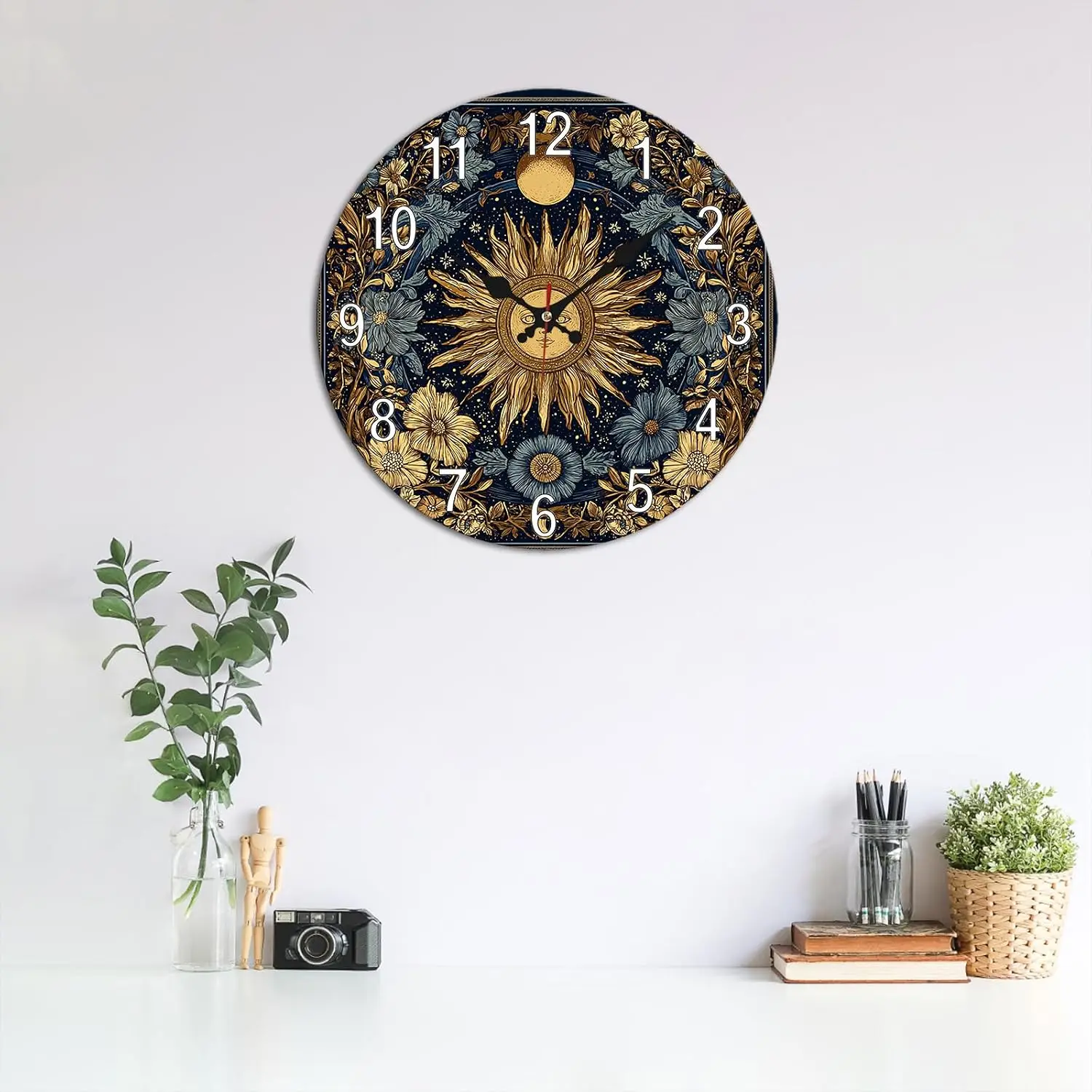 Vintage Sun Moon Floral Wall Clock - 10 Inch Bohemian Celestial Non-Ticking Timepiece - Retro Boho Decorative Clocks
