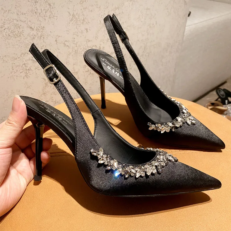 Chain Rhinestone Bling Bling Women Pumps Stiletto Heels Pointed Toes Slip On Back Strap Sandals 2024 Summer Fashion Banquet Shoe