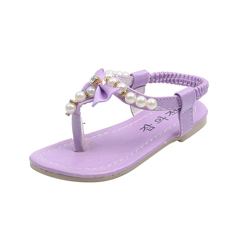 Summer Flats Korean Girls Pearls Rhinestone Kids Beach Sandals Butterfly-knot Princess Children\'s Sandals Flip Flops Beach Shoes