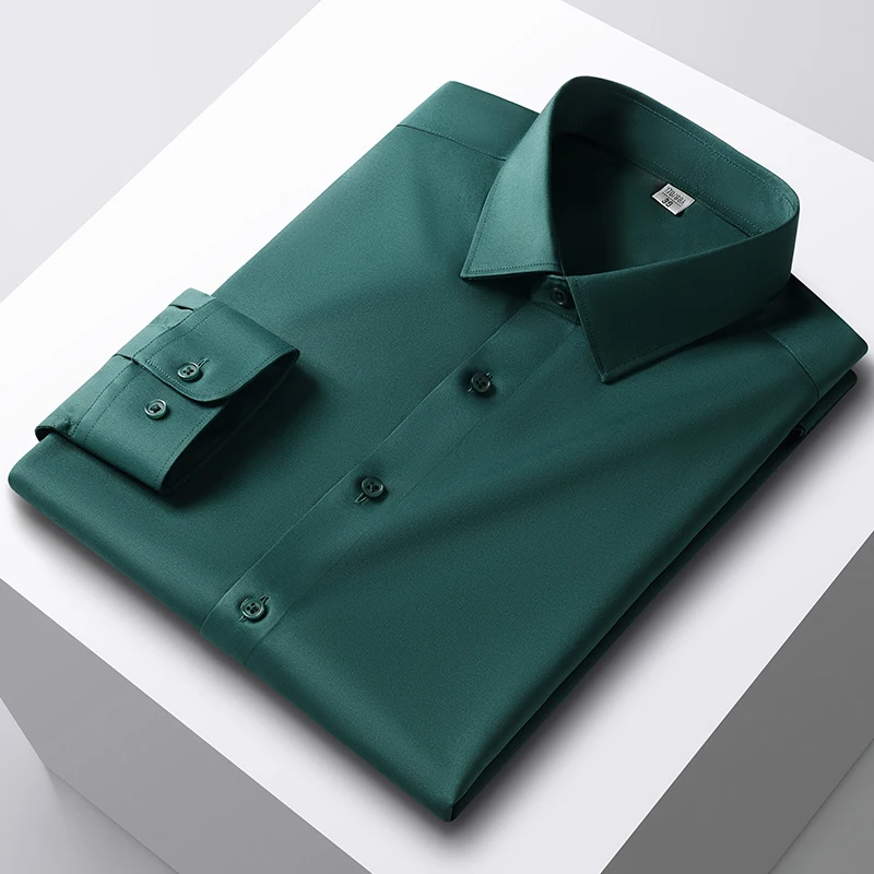 2024 Frühling Männer lässig nicht eiserne Seide stehen solide Collor weiß-grün Komfort Business Langarm Bluse Slim Fit Shirts 4xl-5xl