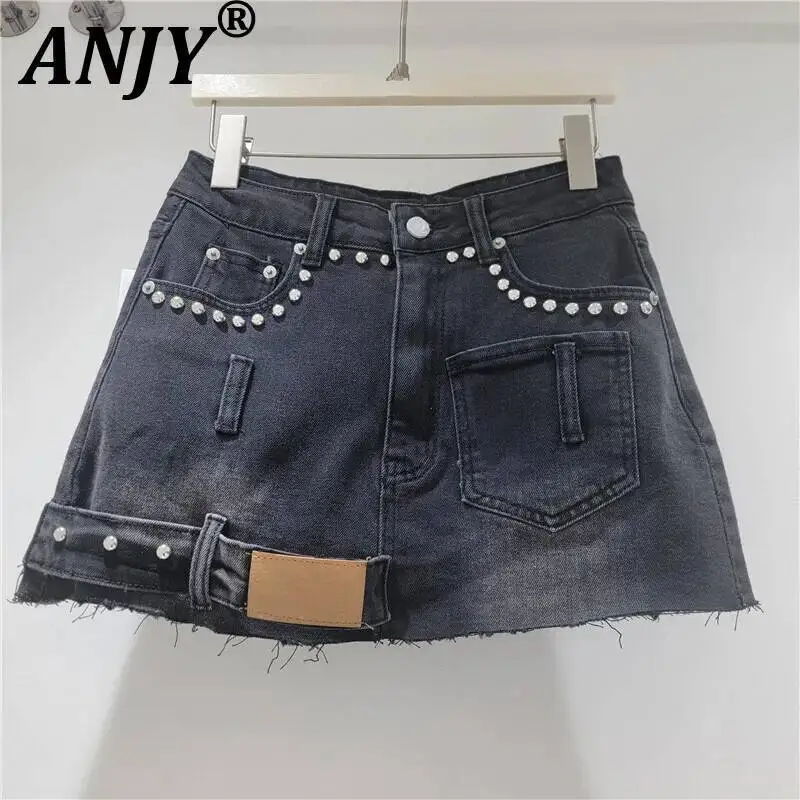ANJY Summer New Women Trendy Safari Style Patchwork Denim Short Skirt Multi-pocket Rivet Design Versatile Slim Ins Skirts A24130