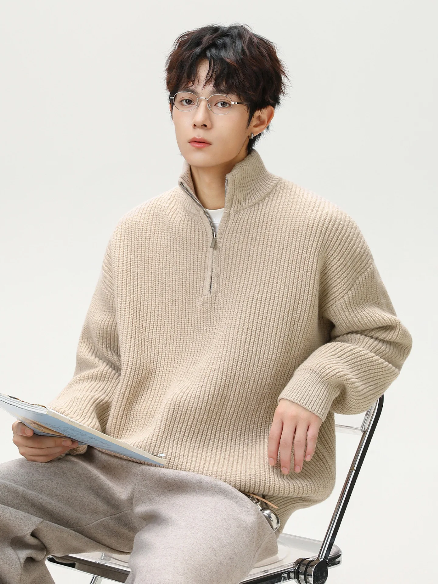 Maglione invernale da uomo vintage con zip a un quarto in pile di peluche finto Sherpa oversize comfort retrò stile americano coppia pullover unisex
