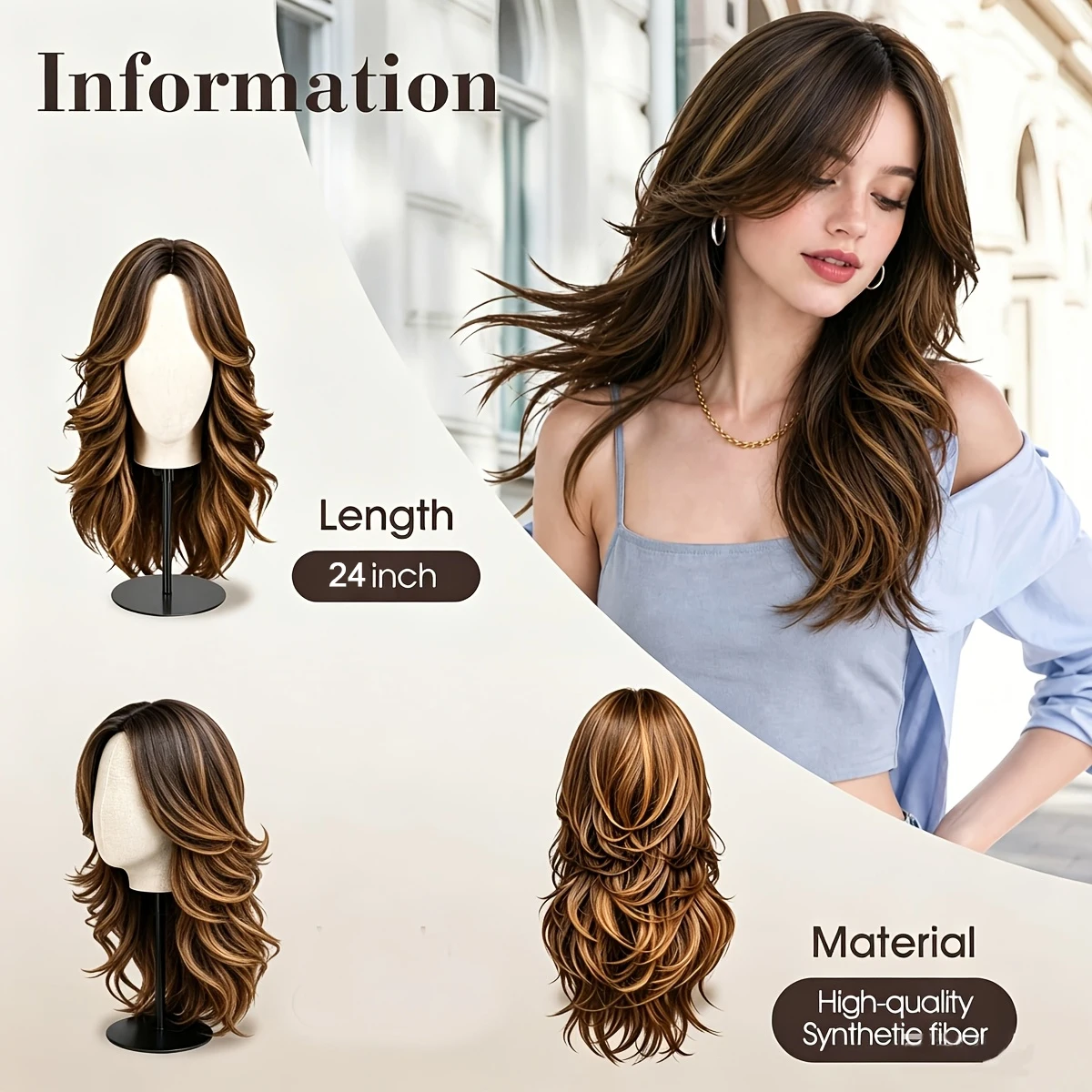 Brown layered wave wig synthetic hair, natural appearance, middle part synthetic wig suitable for women's daily party costumes