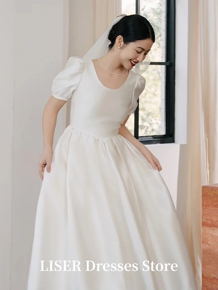 Liser O-Neck A-Line Simple Korea Wedding Dresses Silk Satin Short Sleeves Elegant Bridal Gowns Photo Shoot 저녁 드레스 Customize