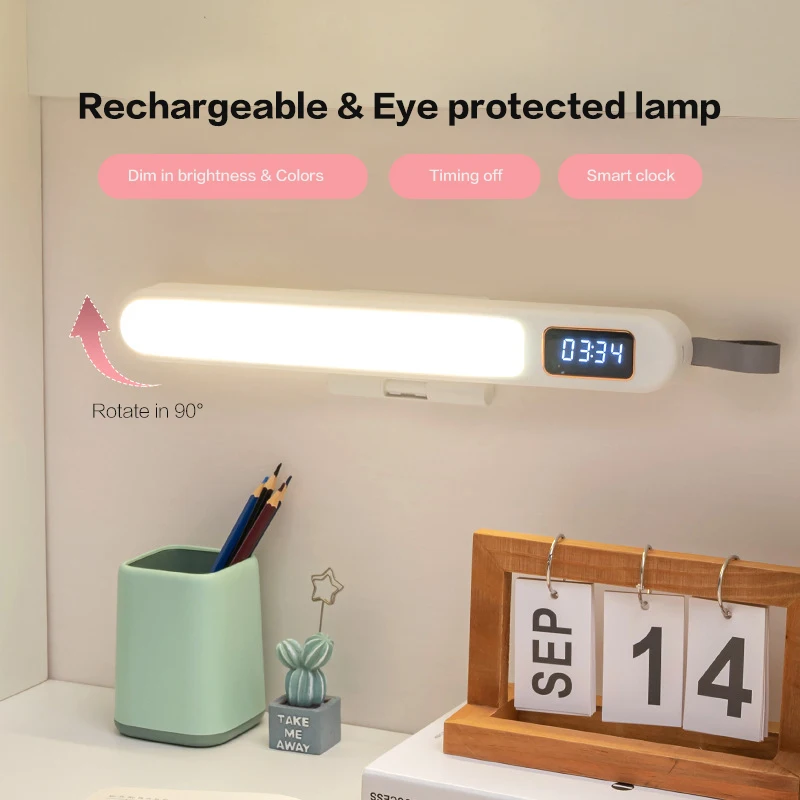 

Rechargeable LED Reading Light Desk Lamp with Clock 3 Color Modes Stepless Dimming Eye Protection Remote Control Magnetic Lamps