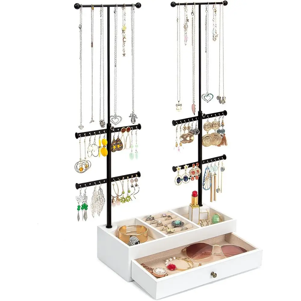 

Винтажный белый деревянный органайзер для ювелирных изделий с двойными стержнями и 6-ярусной подставкой в виде дерева для ожерелья, браслетов, сережек и колец Displa