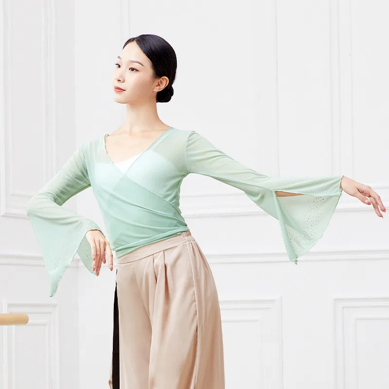 Classical Dance Costume Women Ballet Clothes Solid Tops Yoga Sport Bandage Costume Chinese Folk Dances Diamond Flared Sleeve