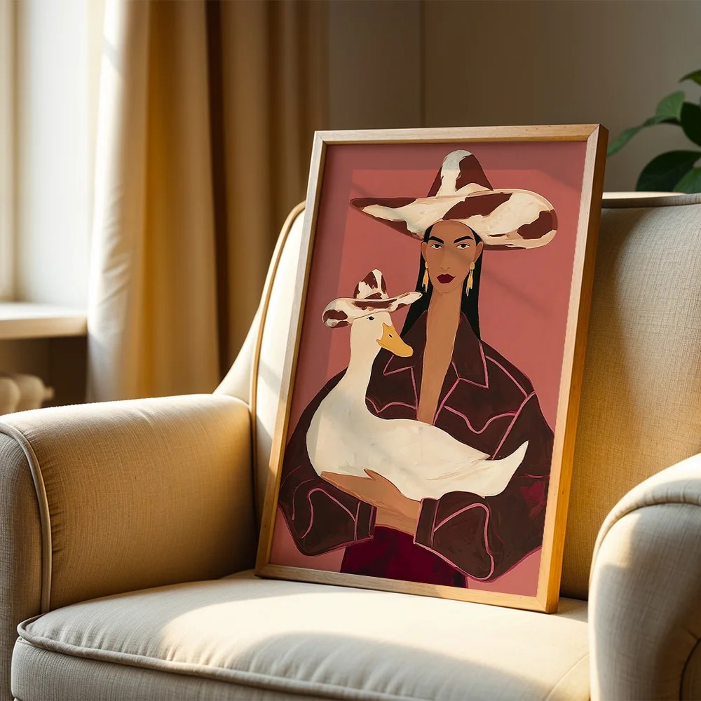 Vintage Western Cowgirl With White Duck Canvas Poster Wall Hanging, Wall Art For Living Room Bedroom, American Home Decor