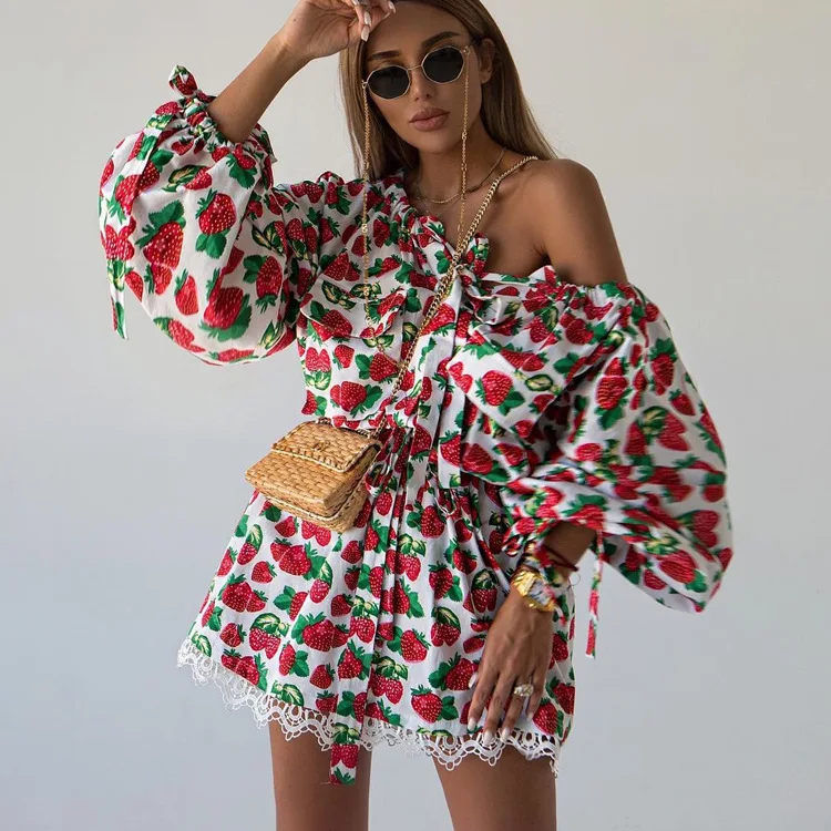 

2026 Early Spring New Sexy Strawberry Print Dress Waist Fashion Slanted Shoulder Long Sleeve A-word Skirt