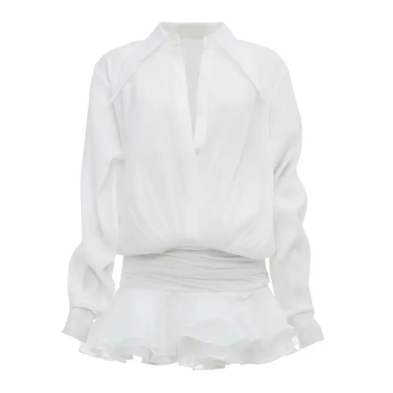 Tuularose Chiffon See-through Mini Dress Women's Casual Loose Casual Shirt Dress White Ruffle Long Sleeve Party Club Short Dress