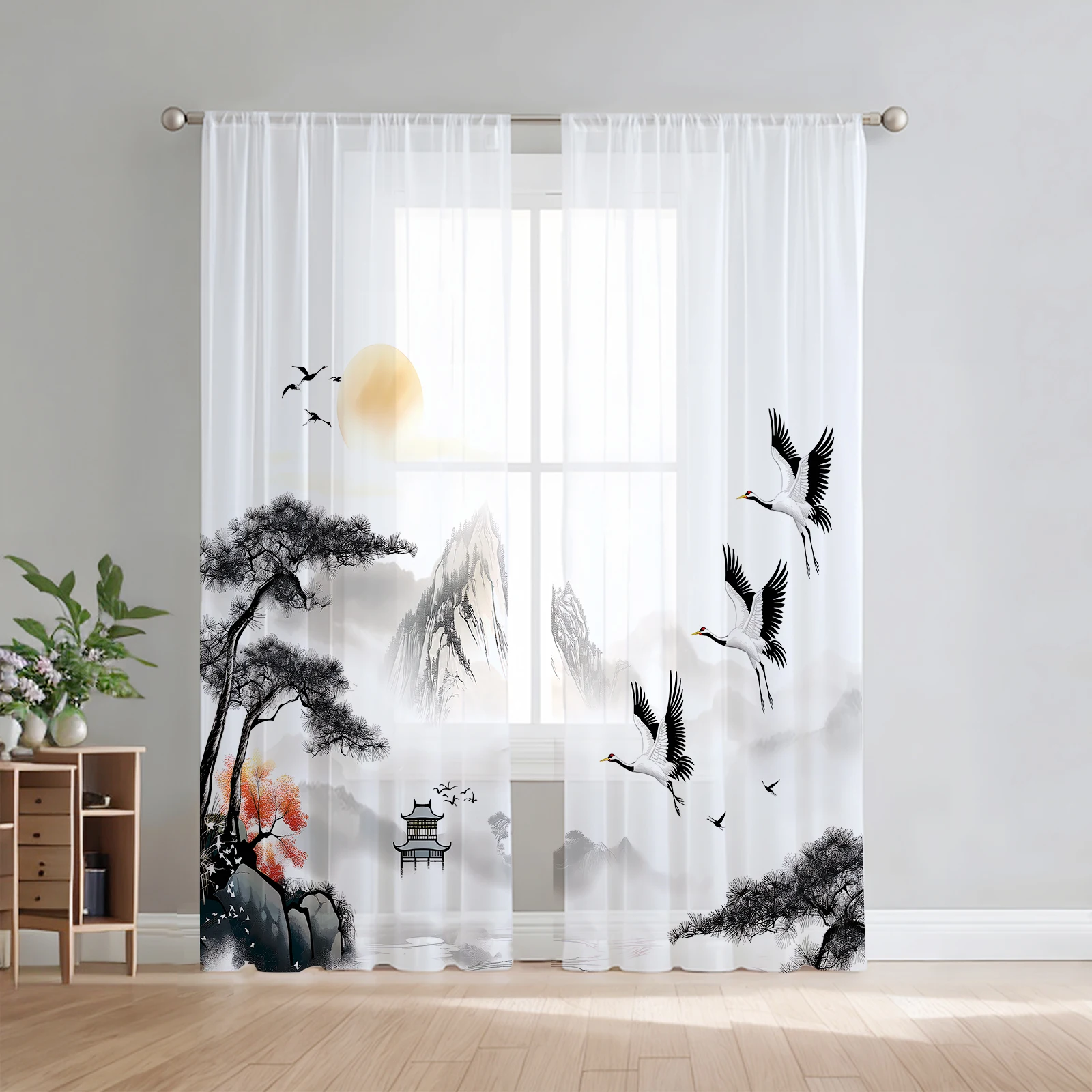 

2PCS Ink Painting Curtains White Crane Landscape Sheer Curtains For Bedroom Living Room Decoration Chiffon Tulle Curtains Home