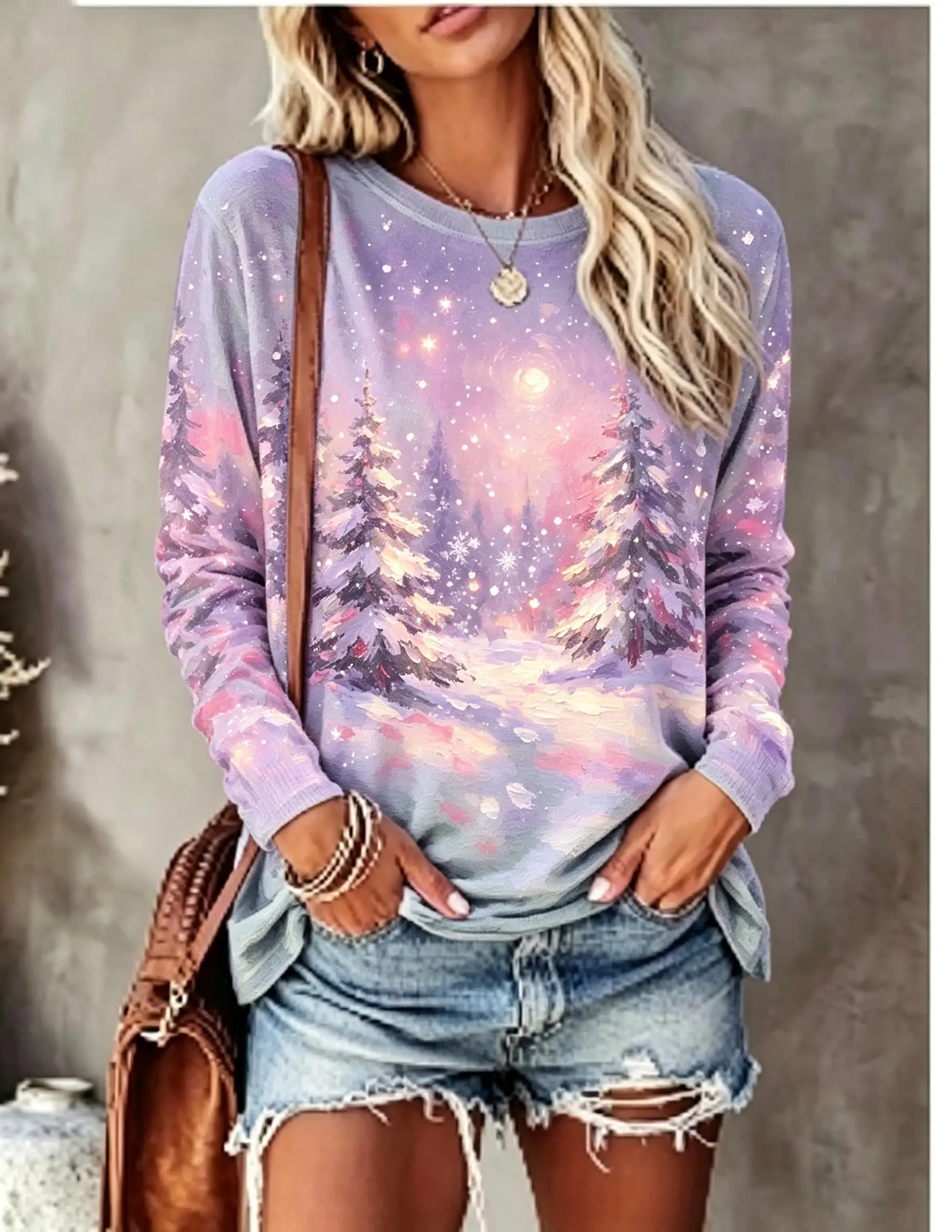 Women Long Sleeve T‑Shirt Winter Deer Elk Full Moon Snow Pine Tree Forest Print Crew Neck Casual Tops
