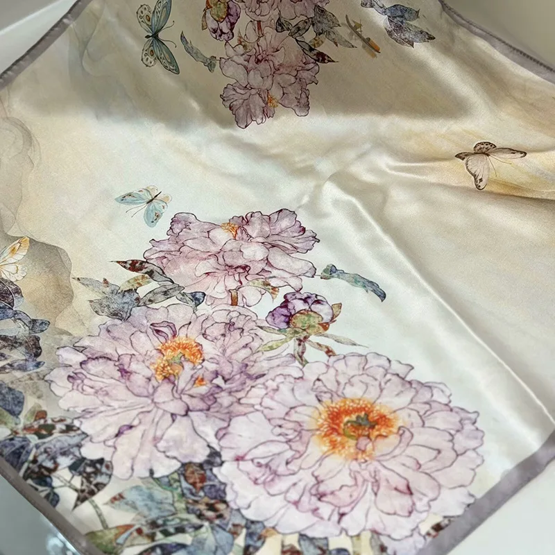 Spring and Autumn Fashion All-Match Peony Flower Printed Scarf Advanced Kerchief Simple Graceful Professional Lady
