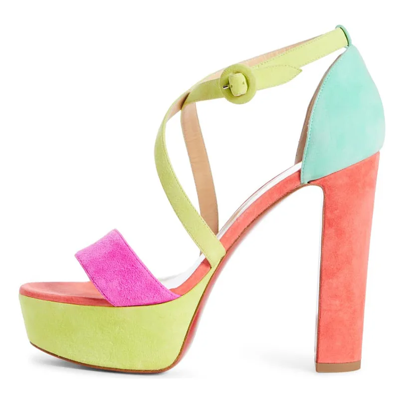 

Female Candy Colors Suede Cross Straps Ankle Buckle Platform Sandals Cutout Peep Toe Multicolors Chunky Heel Banquet Shoes