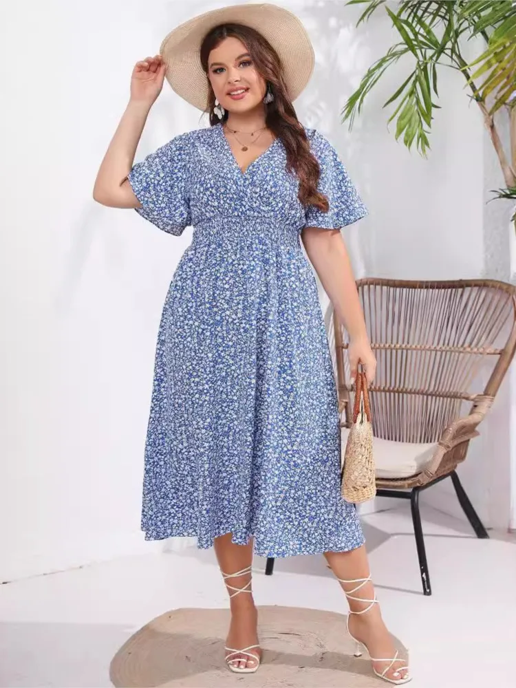 Plus Size Summer Midi Dress Women Floral Print Fashion elegante Ruffle pieghettato abiti da donna abito donna con scollo a v allentato