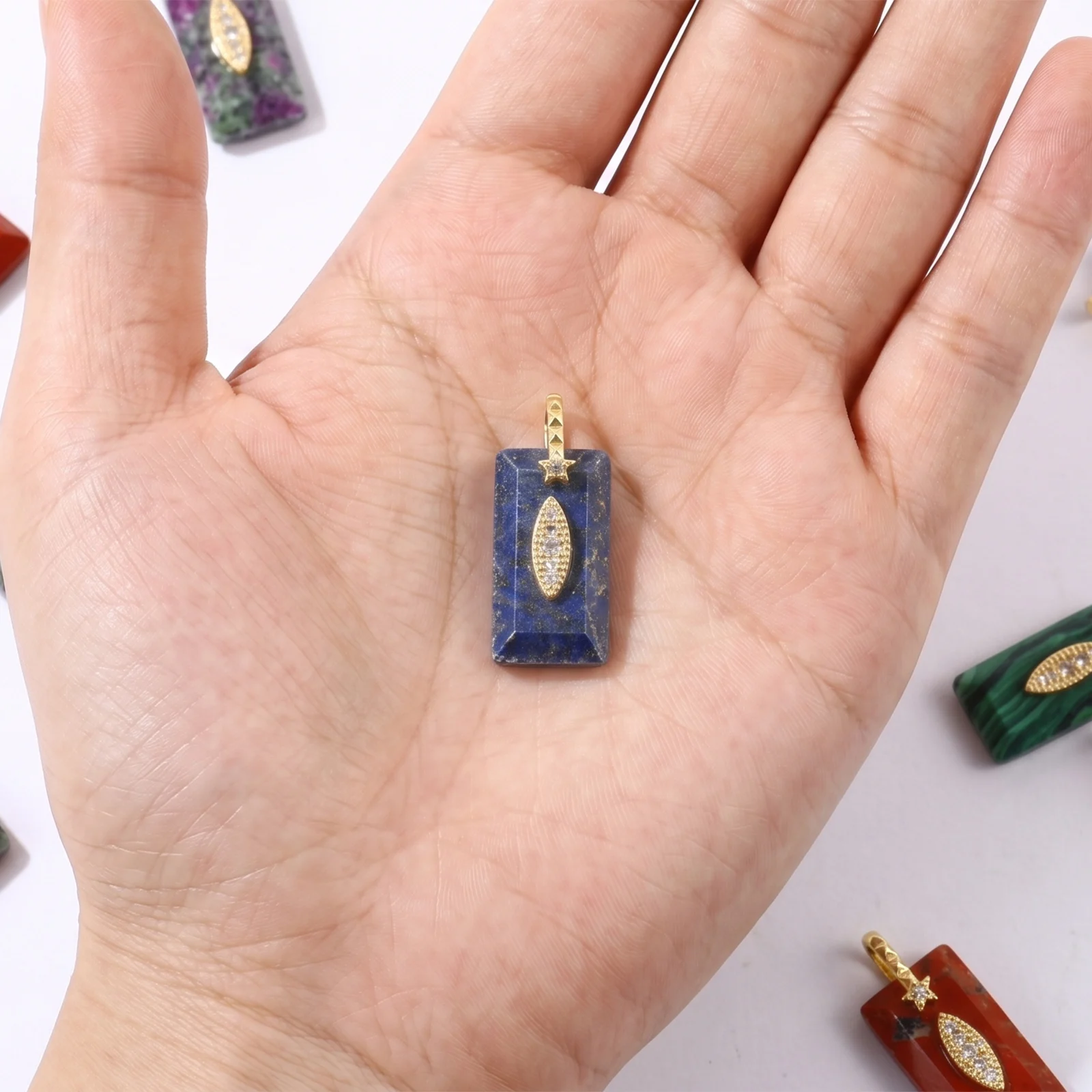 2pcs Rectangle Natural Stone Charms Multicolor Brass Cubic Zirconia Pendants For DIY Necklace Jewelry Making Findings 3.1x1.3cm