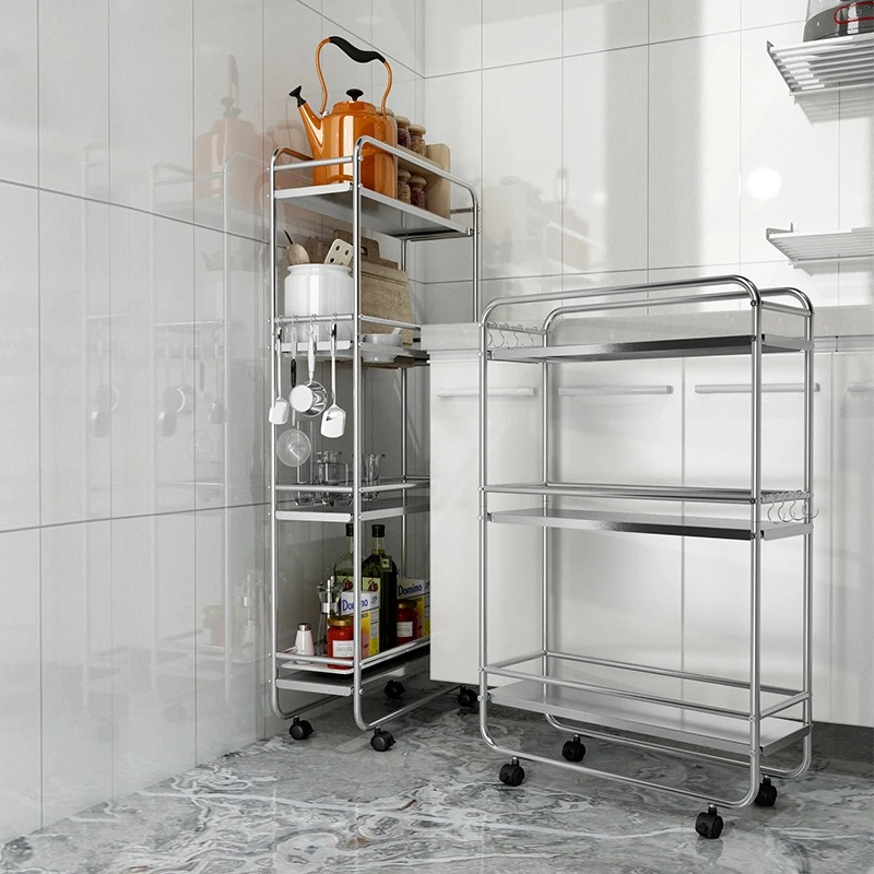 Stainless Steel Slim Gap Trolleys Floor‑Standing Multi‑Tier Storage Rack 20cm or 25cm Width for Fridge Gap Kitchen and Bathroom