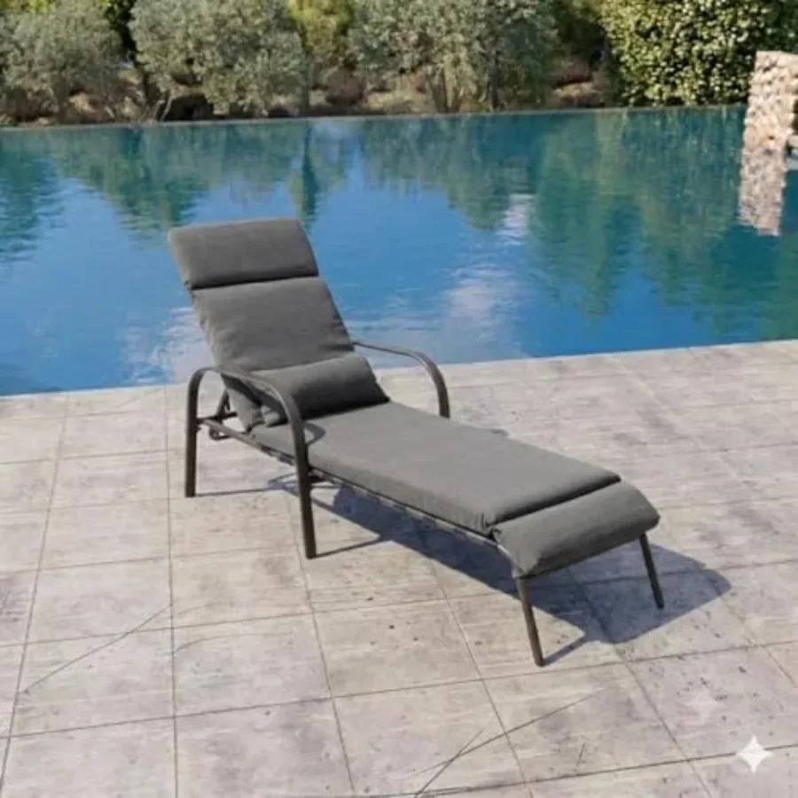 Outdoor Lounge Chair with Cushion and Pillow for Poolside Use, Dark Gray Polyester Fabric, Weather-resistant and UV-protected