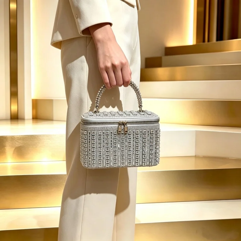 Shiny Full Diamonds Small Square Box Handbags Exquisite Metallic Colorful Rhinestones Evening Clutch Bag Women Luxury Makeup Bag
