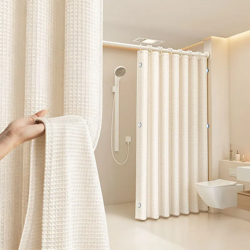 Luxury Waffle Weave Shower Curtain, Hotel Style Textured Fabric Bathroom Drape, Waterproof & Mildew Proof, No Drilling Required