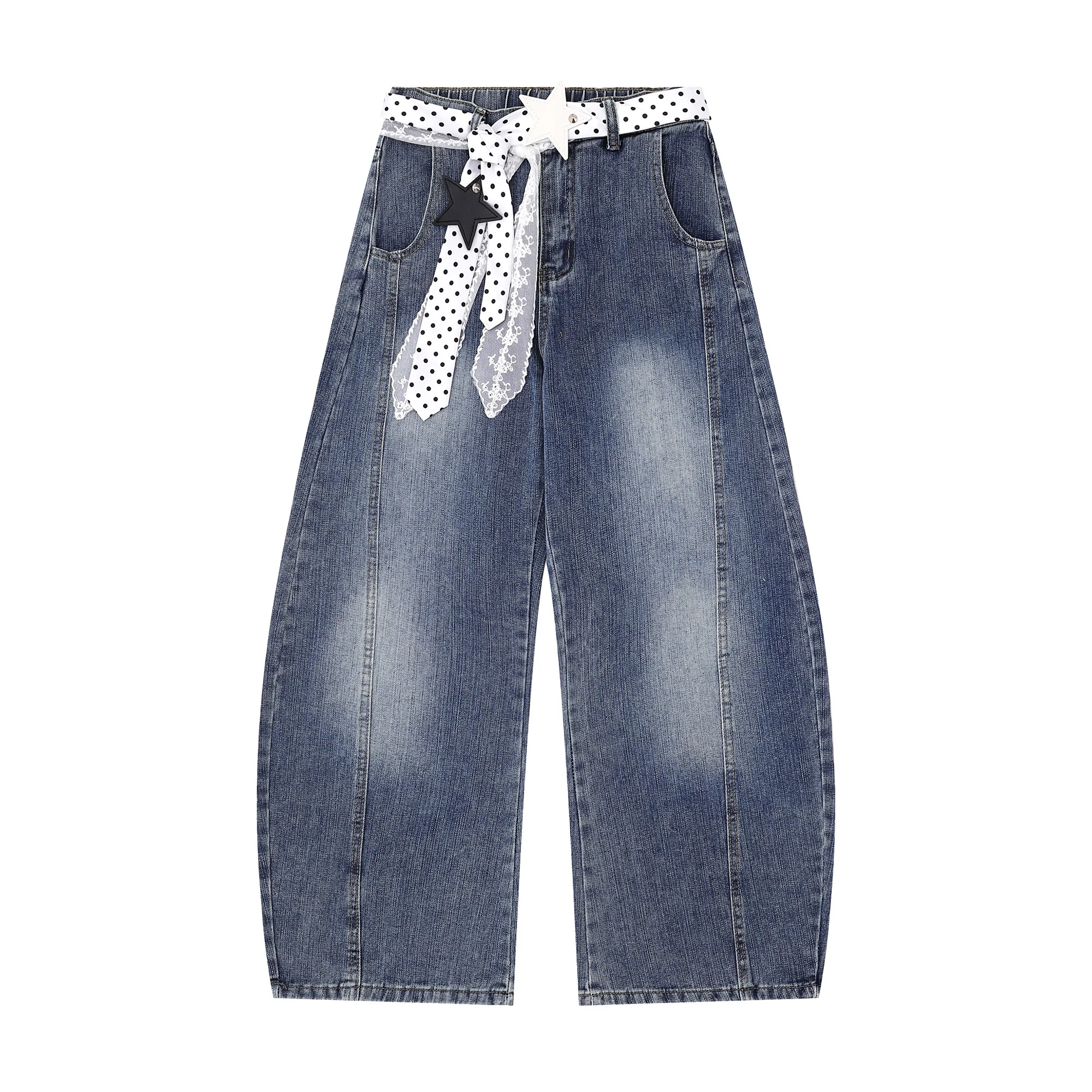 

Retro American Street Knife Denim Pants Women Loose Wide Leg Long Trousers Polka Dot Belt Small Size Spring Summer