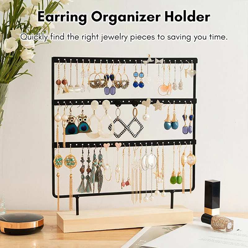 Jewelry Wooden Display Stand Women Vintage Earring Pendant Box Holder Ladies Durable Metal Stoarge Rack Home  Organization