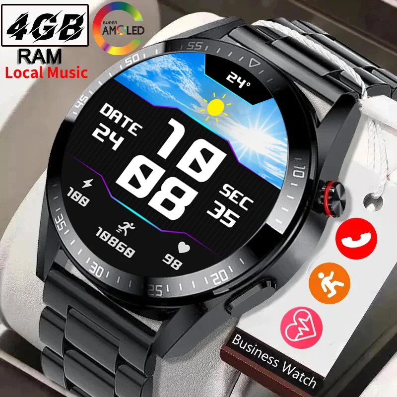 

2024 New Bluetooth Call Smart Watch Men AMOLED Screen Sports Fitness Watches 4G Memory Local Music Smartwatch For Android ios