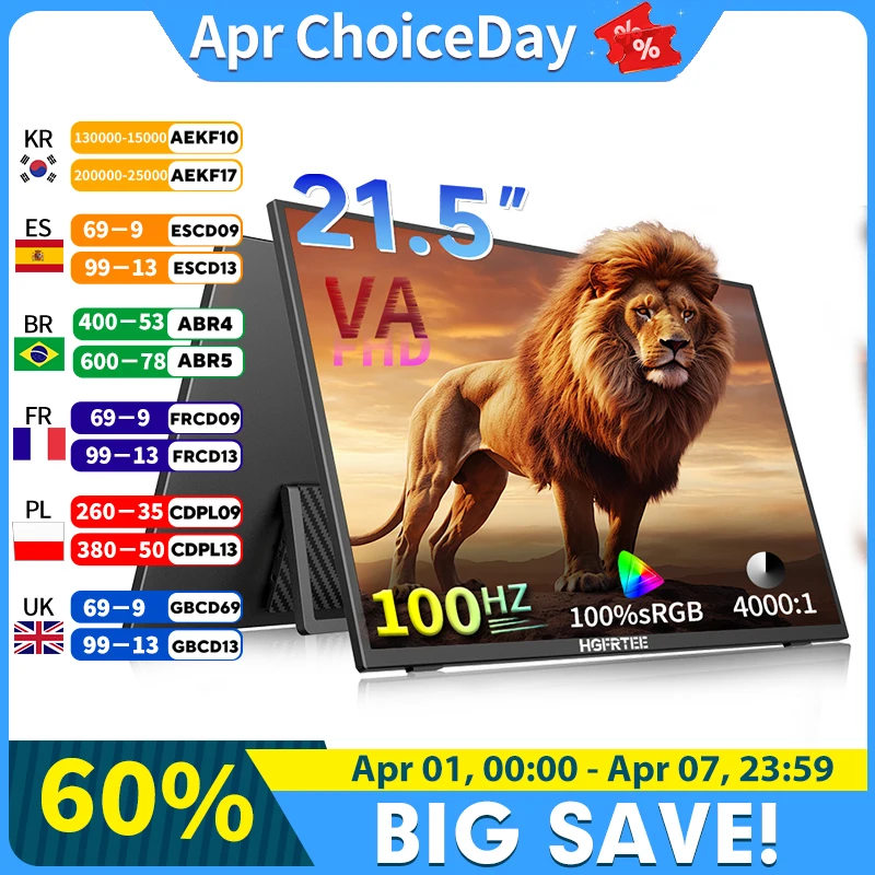 

HGFRTEE 21.5 Inch Portable gaming monitor Full HD 1080P 100Hz 4000:1 Contrast PC Gaming Screen For XBox PS4 / 5 Switch VA Panel