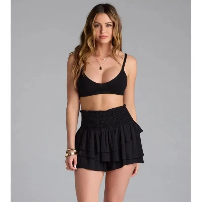 Cute Ruffled Smoed orts Cross-Border Mid-Low Waist Umbrella Pants PVC Material Other Material 00% Women's Casual Pants