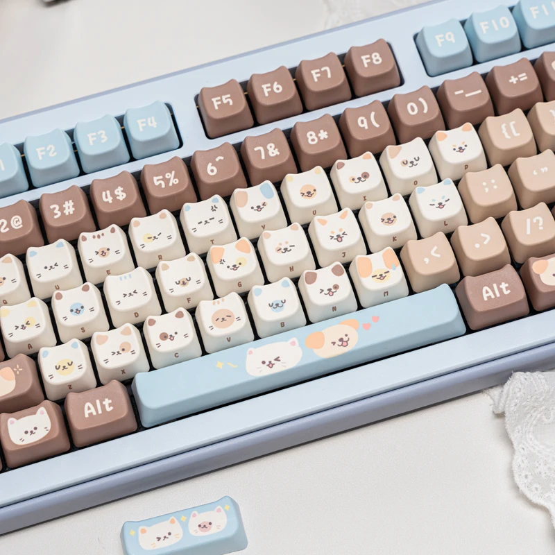 Sea Salt Kitten Cute Keycap 130 Key MAO Profile Cat Head Five Side Dye Sublimation PBT Keycaps for MX Switch Mechanical Keyboard