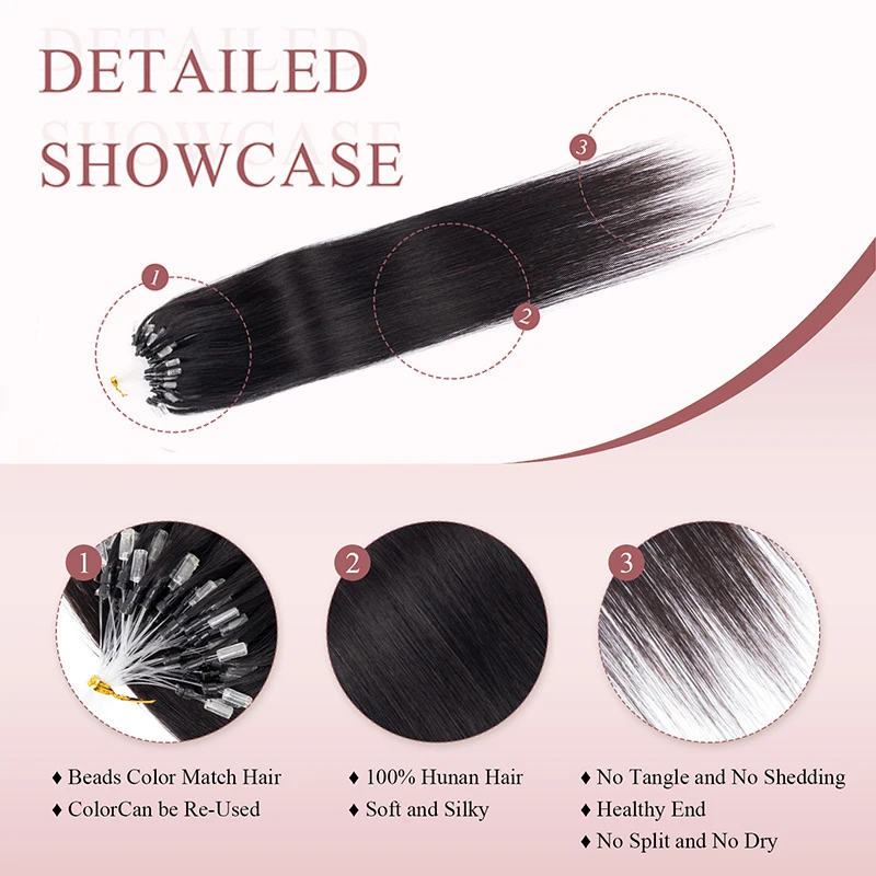 Micro Loop Hair Extensions Human Hair Soft Keration Glue With Micro Loop Line Straight Natural Hair Micro Link HairPieces 12-20Inch 30G