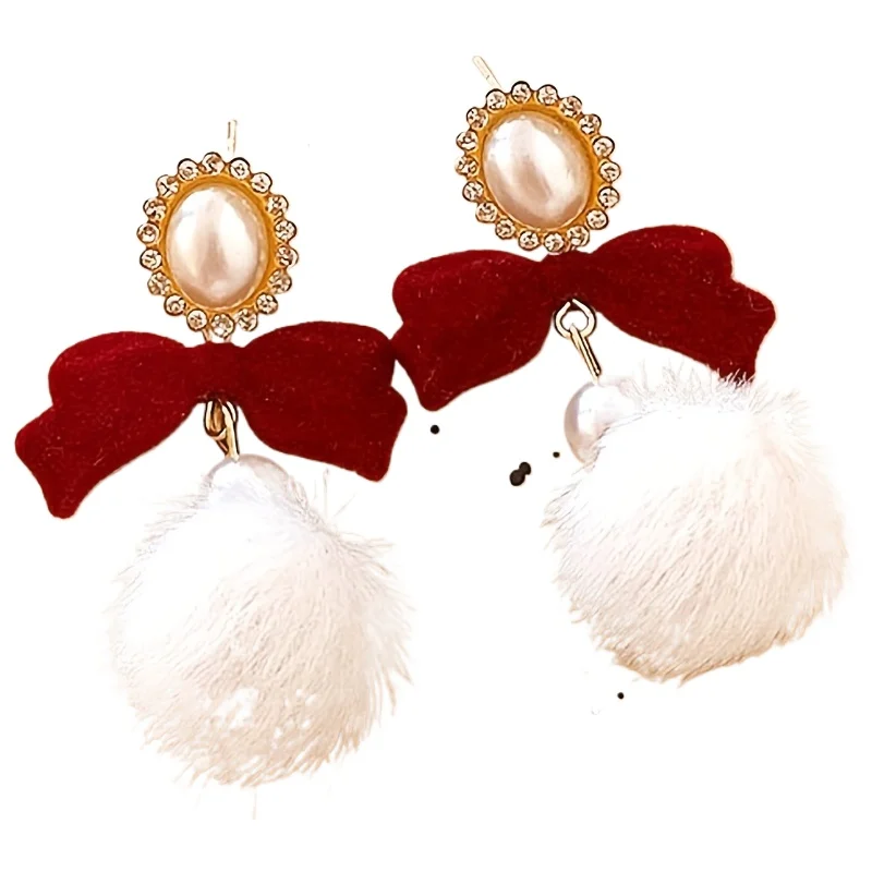 

1 pair of imitation pearl red bow ball earrings, versatile earrings for autumn, winter, Christmas, and New Year.