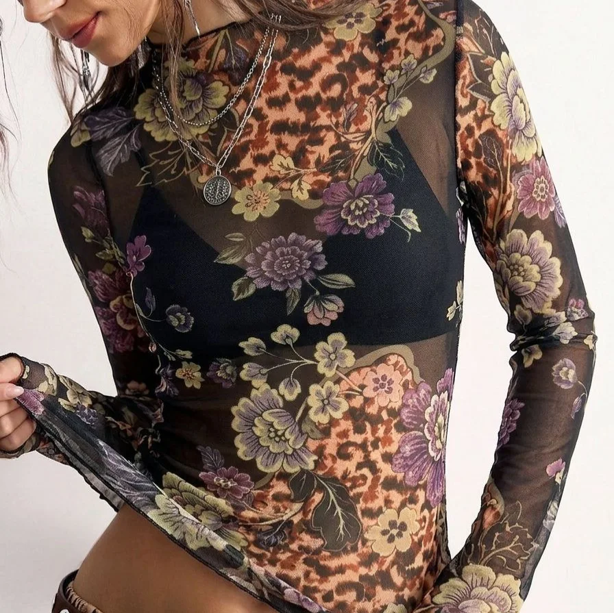 2026 New Floral. Print T-shirt Slim-fit Mesh Long-sleeve Top For Women. Summer Maxi Dress Lace Vestidos Femme Outfits
