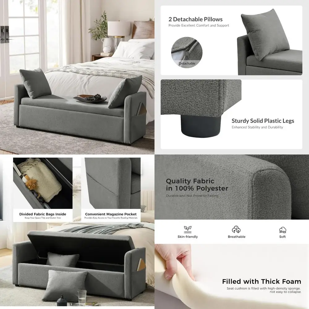Extra Long Modern Storage Ottoman Bench with Throw Pillows, 59 Upholstered End of Bed Bench, Comfortable Storage Pockets