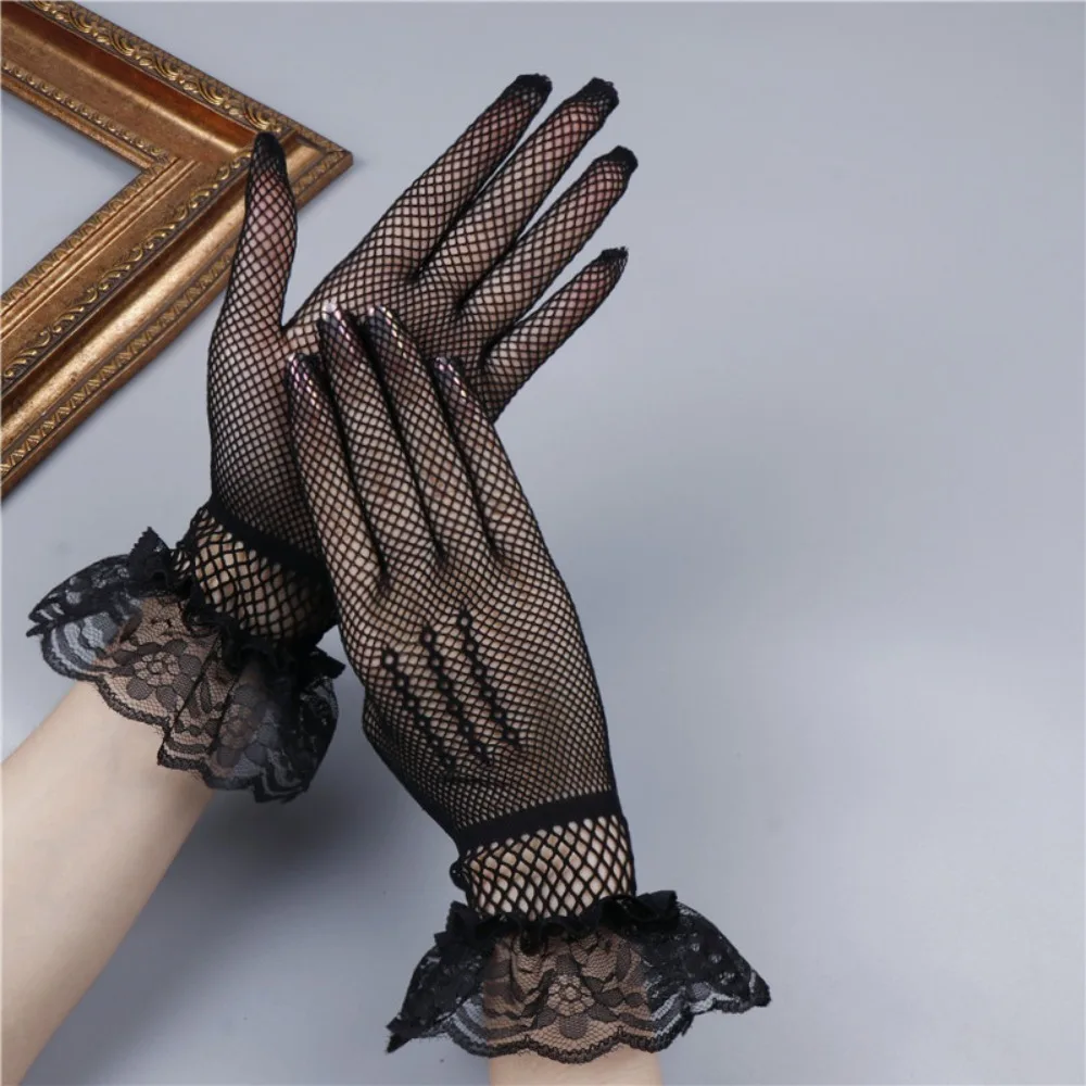 

Soft Ruffle Lace Mittens Full Finger Thin Lolita Lace Gloves Hollow Out Mesh Fishnet Mesh Gloves