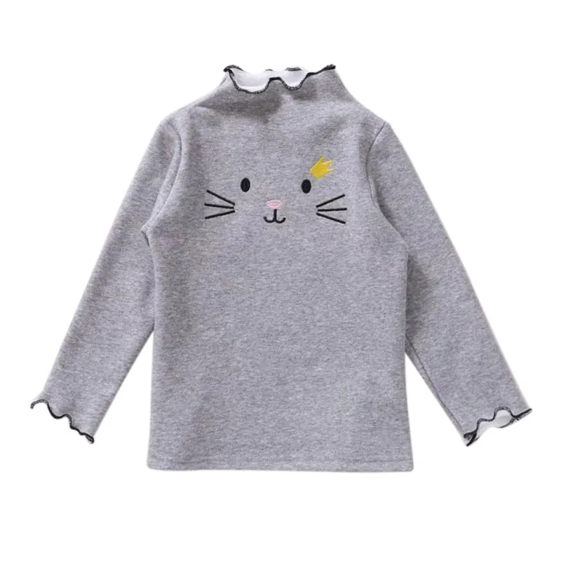 Ragazze gatto ricamo girocollo manica lunga Top bambini pizzo Stretch fondo camicia neonata Top 2-6 anni