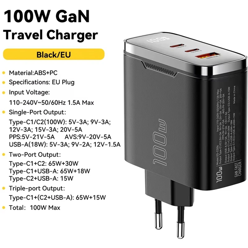 100W USB Type C Charger Digital Display PD QC Charger Portable USB Charger for 15-17 EU Plug  -Miuai】