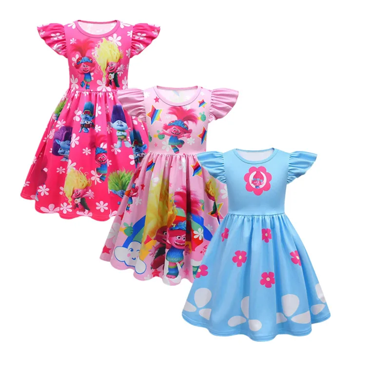 Vestido de Trolls en T para niñas, ropa de dibujos animados para niños, vestidos de princesa Poppi, ropa Floral de cumpleaños, Verano