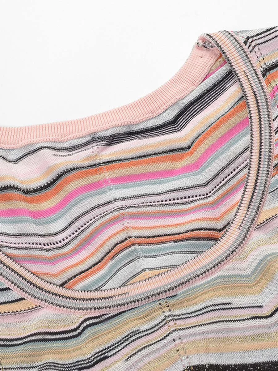 GALCAUR Colorblock Spliced Stripe Slimming Maxi Dress for Women Round Neck Short Sleeve Patchwork Sequin Pullover Dresses Female
