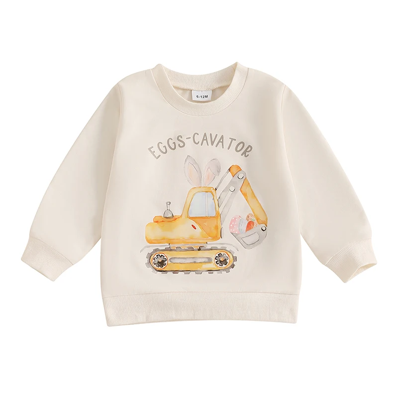 Little Boys Easter Sweatshirts Long Sleeve Round Neck Bunny Excavator Print Pullover