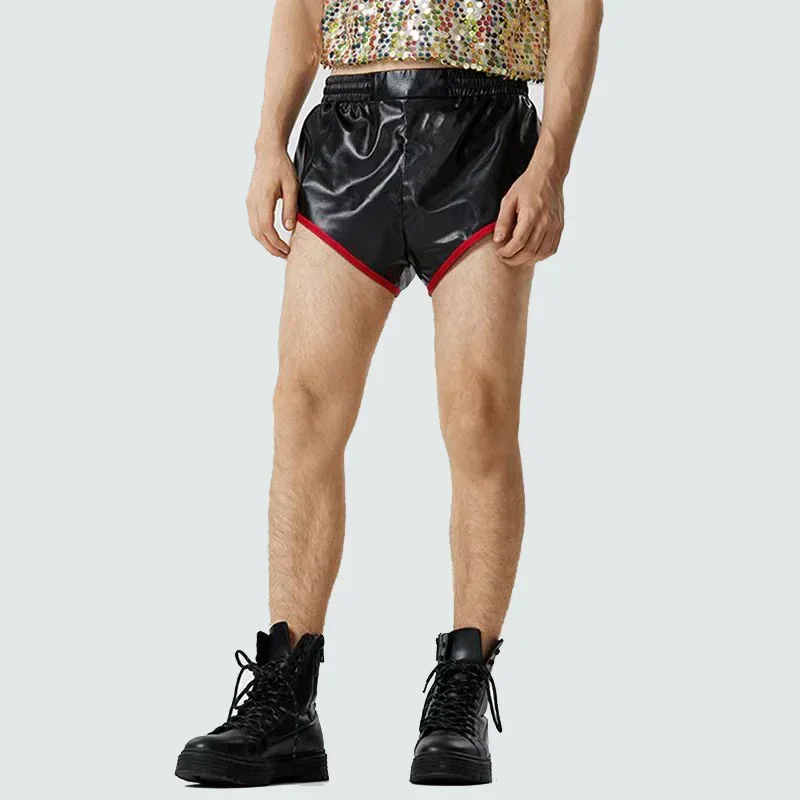 

Men Shiny Patent Leather Shorts Chic Contrasting Colors Hot Pants Man PVC Elastic Band Underwear Swimming Trunks Beach Custom