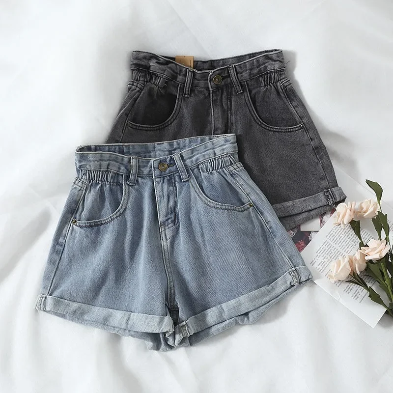 Shorts jeans de cintura alta feminino com punho, jeans curto que combina com tudo, streetwear casual, calça quente, novo, primavera, verão